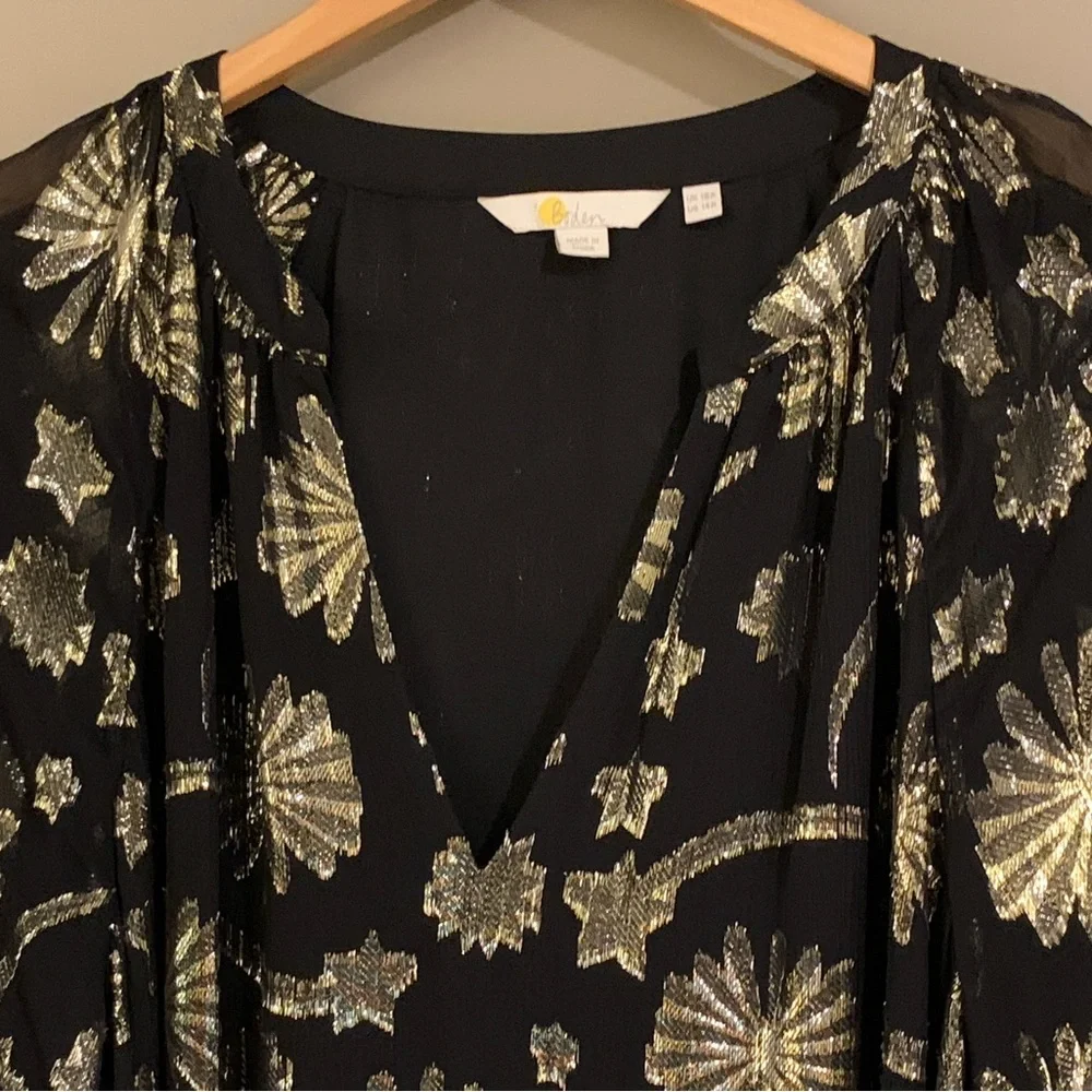 NEW Boden Firework Jacquard Party Black Gold Metallic Sheer Tiered Dress Size 14 - Picture 10 of 13